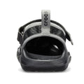 Rear view of Crocs -Mens Swiftwater Mesh Deck LiteRide Sandal Black with grey adjustable heel strap featuring the Crocs logo. These water-friendly sandals have a textured sole and open back for comfort and style., 50133, 50134, 50135, 50136, 50137, 50138, 50139, 50133, 50134, 191448223226, 191448223165, 191448223172, 191448223189, 50139