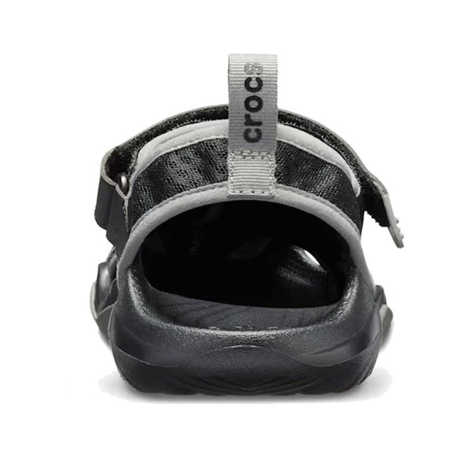 Rear view of Crocs -Mens Swiftwater Mesh Deck LiteRide Sandal Black with grey adjustable heel strap featuring the Crocs logo. These water-friendly sandals have a textured sole and open back for comfort and style., 50133, 50134, 50135, 50136, 50137, 50138, 50139, 50133, 50134, 191448223226, 191448223165, 191448223172, 191448223189, 50139