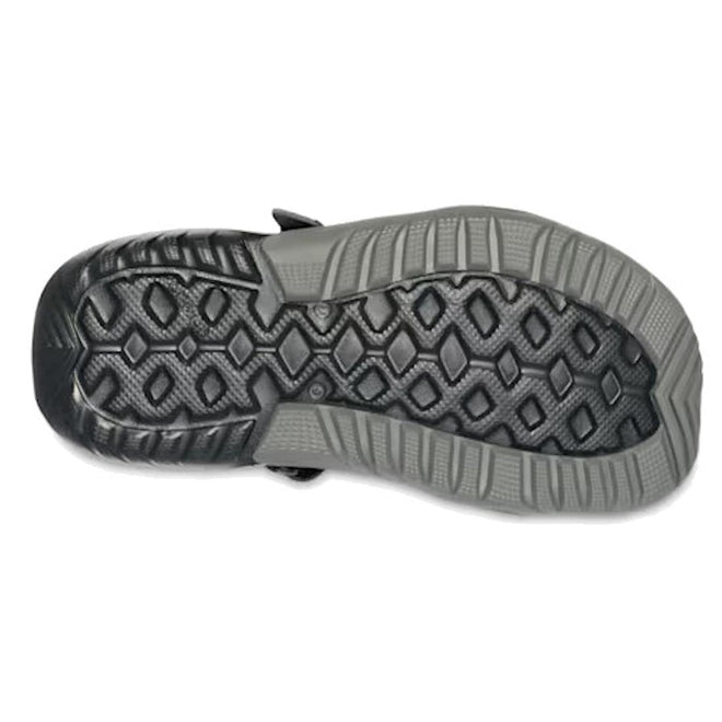 The image shows the sole of the Crocs Men's Swiftwater Mesh Deck LiteRide Sandal in black, featuring a black and gray diamond-patterned tread that highlights its excellent traction for water-friendly wear., 50133, 50134, 50135, 50136, 50137, 50138, 50139, 50133, 50134, 191448223226, 191448223165, 191448223172, 191448223189, 50139
