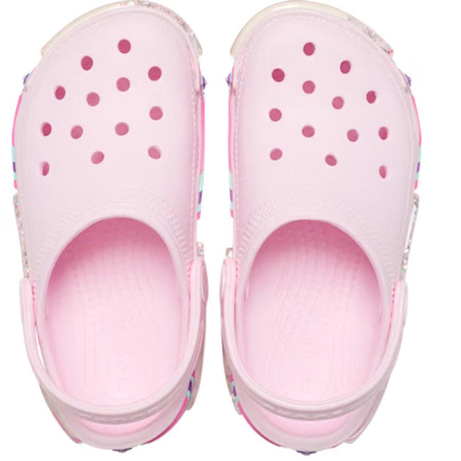 Top down view of toddlers Crocs Start Sparkle Shaker pair of pink clogs with colorful sole pattern on a white background.,
198445220555,
198445220562,
198445220579,
198445220586,
198445220524,