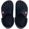 The Crocs Kids Toddlers Crocband Clogs in navy feature ventilation holes and a white-and-red sole trim, providing lightweight comfort. Seen from above., 50140, 191448738225, 191448738232, 191448738249, 191448738188