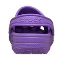 A close-up rear view of the Crocs Kids Toddlers Classic Clog in purple, showing the heel strap with "crocs" embossed, against a white background. These water-friendly shoes are perfect for everyday adventures. Available in toddler sizes., 49897, 49898, 198445337253, 198445337260, 198445337277, 198445337215