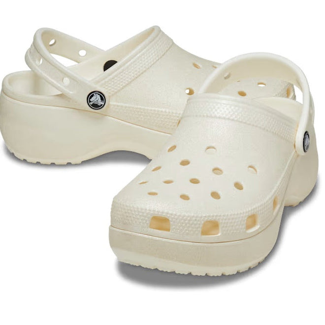 Womens Crocs Classic Glitter PLATFORM Clog Chalk Off White