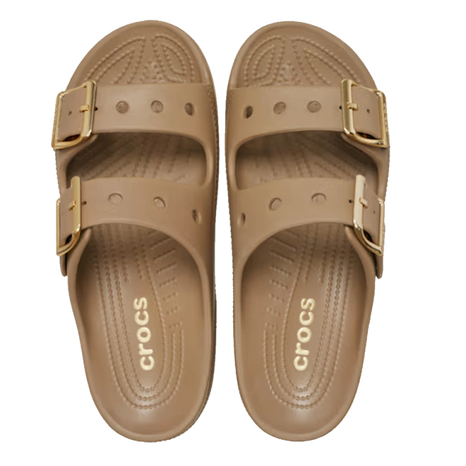 Crocs Womens Classic Metallic Buckle Saturday Sandal Slide Sepia