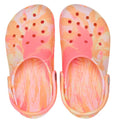The Crocs Kids - Marbled Clog Sandal Guava Pink Multi Youths features ventilation holes, a pink, orange, and yellow marbled tie-dye look, plus adjustable heel straps for comfort. Inspired by the Classic clog., 198445354540, 198445354557, 198445354564, 198445354571, 198445354588, 198445354595, 198445354601, 49886, 49887