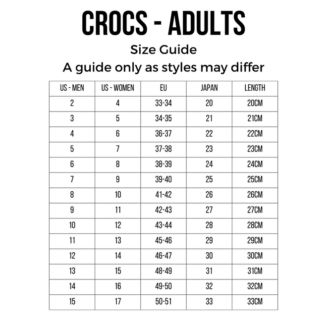 Crocs Adults Classic Enamel Buckle Clog Frappe size guide with US men’s/women’s, EU, Japan sizes, and cm lengths. Made with Croslite foam for Crocs Comfort. For reference only—fit may vary by style., 198445415944, 198445415951, 198445415968, 198445415975, 198445415982, 198445415999