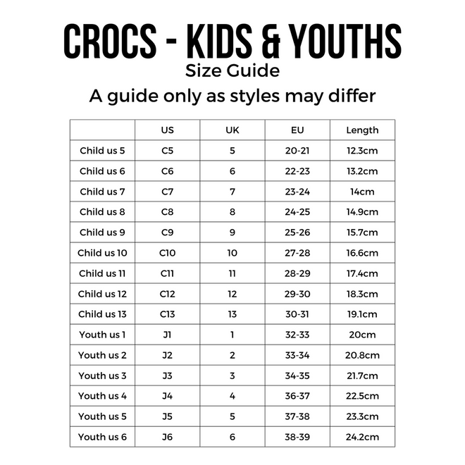 A size guide for Crocs Kids - Classic Clog Retro - Junior Youths Sizes displays US, UK, and EU measurements alongside matching foot lengths in centimeters, spanning from Child US 5 (12.5cm) to Youth US 6 (24.2cm). Whether you’re shopping for the classic retro clog or a trendy junior sandal in a vibrant green hue, this chart helps ensure the perfect fit every time., 52891, 52892, 198445332128, 198445332135, 198445332142, 198445332159, 198445332166
