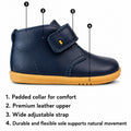 Showing the features of the Bobux Iwalk Desert Boot Caramel 625207A is a kids’ shoe featuring a tan leather upper, wide easy-open strap, padded collar, and low ankle design inspired by classic desert boots. Available in Caramel (tan) and Midnight (blue) and Navy., 9420062056387, 9420062056394, 9420062056400, 9420062056417, 9420062056424