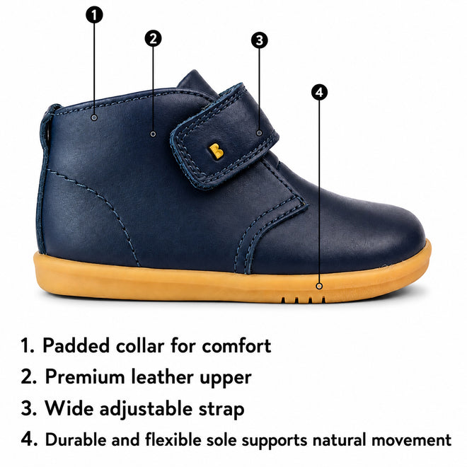 Bobux Kid+ Desert Boot Navy 830304Z image showing the features of the boot., 9420075721005, 9420075721012, 9420075721029, 9420075721036, 9420075721043, 9420062056523, 9420062056530