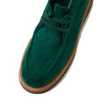 A close-up of the Django & Juliette Gnota Forest Green Lace Up Moc Platform Shoe, featuring suede, matching laces, a brown-tan layered sole, and toe stitching—ideal for those who love stylish casual leather footwear., 51567, 4434754548116, 4434754548123, 4434754548130, 4434754548147, 4434754548154, 4434754548161