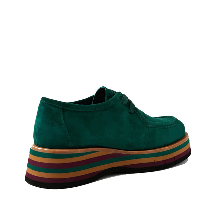 The Django & Juliette Gnota Forest Green Lace Up Moc Platform Shoe features suede uppers, a thick layered sole with black, orange, and brown stripes. Shown from the rear side against a plain white background., 51567, 4434754548116, 4434754548123, 4434754548130, 4434754548147, 4434754548154, 4434754548161