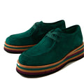 The Django & Juliette Gnota Forest Green Lace Up Moc Platform Shoe features suede uppers and chunky multicolored striped soles with layers of purple, red, yellow, orange, and black in a stylish, modern design., 51567, 4434754548116, 4434754548123, 4434754548130, 4434754548147, 4434754548154, 4434754548161