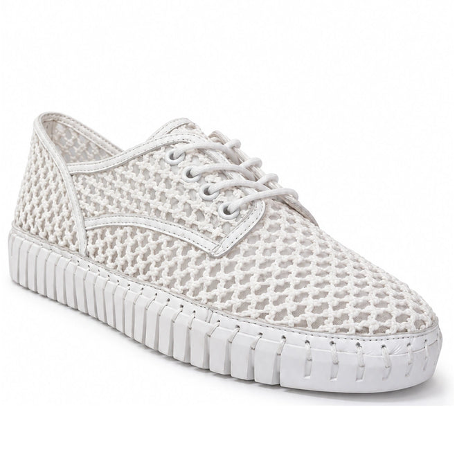 The Django & Juliete Hamburger White Syn Raffia Leather Sneakers feature a woven textured upper, white laces, a chunky ridged sole, and a subtle geometric pattern for stylish everyday comfort.