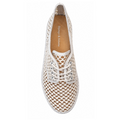 Top view of Django & Juliete Hamburger White Syn Raffia Leather Sneakers with a woven, breathable lace-up design, tan insole, and logo printed on the insole.
