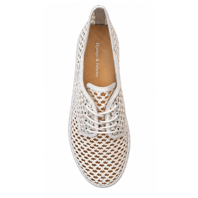Top view of Django & Juliete Hamburger White Syn Raffia Leather Sneakers with a woven, breathable lace-up design, tan insole, and logo printed on the insole.