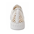 A close-up rear view of Django & Juliete Hamburger White Syn Raffia Leather Sneakers, featuring a woven mesh texture and solid white sole, set against a plain white background.