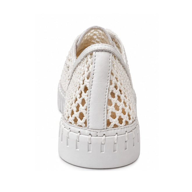 A close-up rear view of Django & Juliete Hamburger White Syn Raffia Leather Sneakers, featuring a woven mesh texture and solid white sole, set against a plain white background.