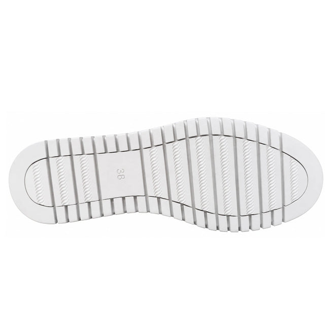 White sneaker sole with horizontal grooves and ridges, viewed from the bottom. The number 38 is printed near the center—perfect for Django & Juliete Hamburger White Syn Raffia Leather Sneakers.