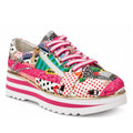 The Django & Juliette Eammes Collage Patent Leather Platform Shoe Women’s features vibrant prints, pink laces, gold zipper trim, and a chunky white sole with bold pink stripes for standout style.