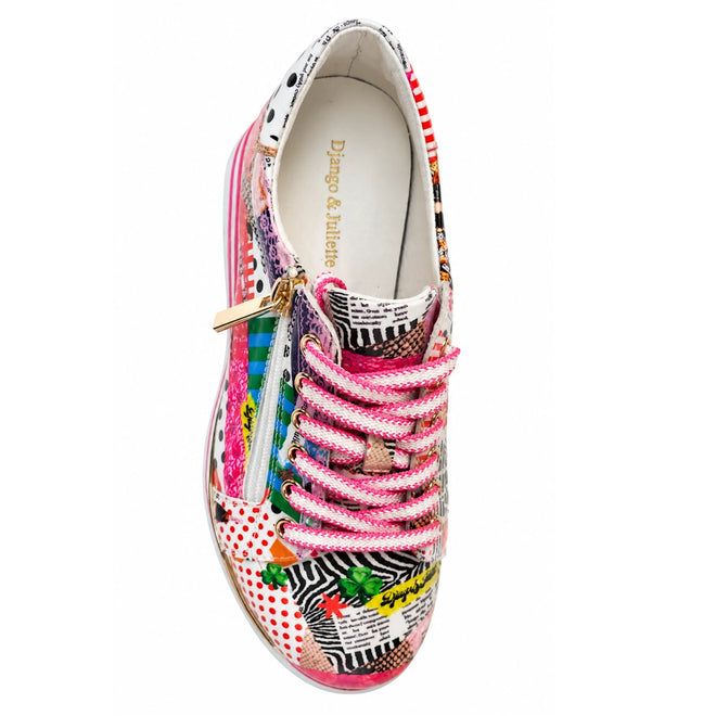 The Django & Juliette Eammes Collage Patent Leather Platform Shoe Women’s features pink laces, gold accents, and a colorful mix of stripes, polka dots, and abstract designs.