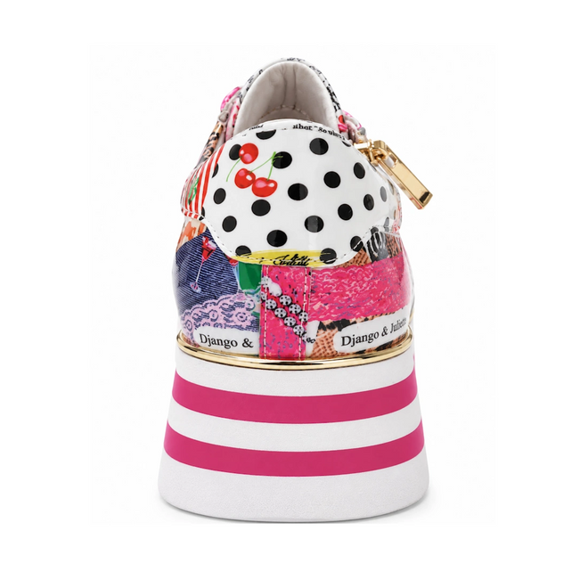 Back view of Django & Juliette Eammes Collage Patent Leather Platform Shoe Women’s in colorful polka dots, cherries, gold accents, and mixed patterns. Features a bold pink-and-white striped platform sole and side branding.