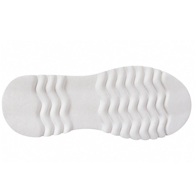 White sneaker sole with a wavy, ridged texture viewed from the bottom—ideal for the Django & Juliette Eammes Collage Patent Leather Platform Shoe Women’s.