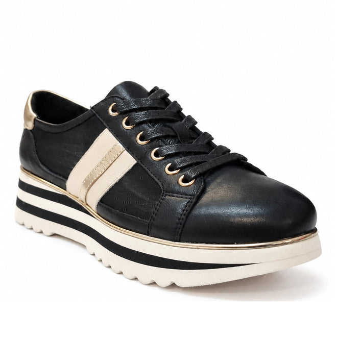 The Django & Juliette Eminta Platform Shoe Sheer Leather Black Milk Lace Up features black lace-up design, sheer side panels, beige and gold accents, two beige stripes, and a thick striped white and black wavy sole.