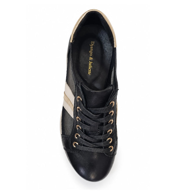 The Django & Juliette Eminta Platform Shoe Sheer Leather Black Milk Lace Up features black uppers, beige stripes, sheer panels, gold eyelets, black laces, a chunky platform sole, and gold branding.