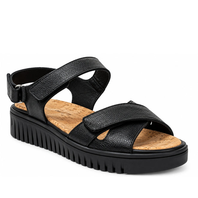 Django & Juliette Inbar Womens Black Sandal w/Back Strap features open toes, adjustable straps, a cork footbed, and a chunky black ridged sole, shown on a white background.