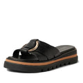 Effortlessly elevate your collection of women’s leather slides with the Django & Juliette Scoop Platform Slide in Black, featuring a thick platform sole with tan trim, a gold decorative buckle on the leather upper, and a chunky tread pattern for both style and comfort.