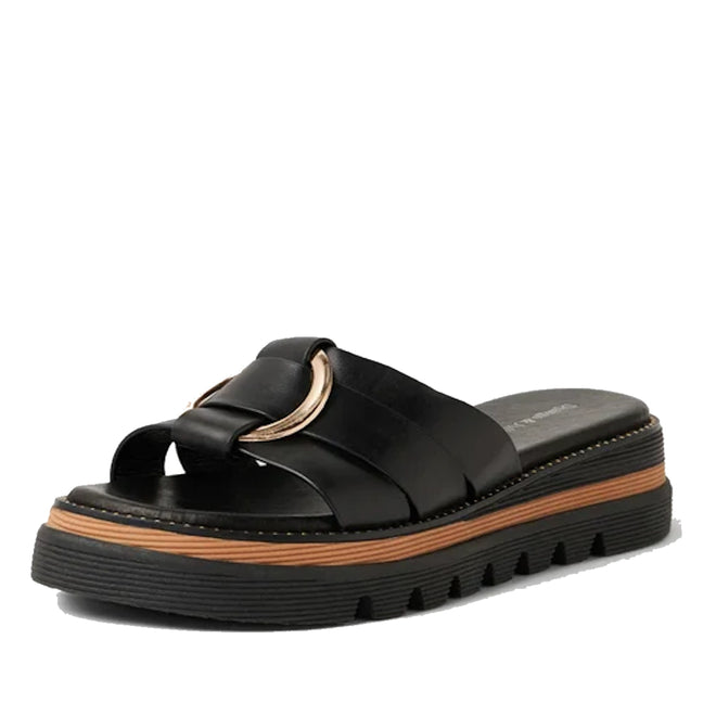 Effortlessly elevate your collection of women’s leather slides with the Django & Juliette Scoop Platform Slide in Black, featuring a thick platform sole with tan trim, a gold decorative buckle on the leather upper, and a chunky tread pattern for both style and comfort.