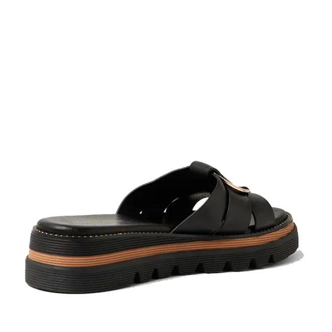 The Django & Juliette Scoop Platform Slide Black features thick crossed black leather straps, a chunky black sole with a brown accent stripe above it, and is shown from the back and side—these chic platform slides effortlessly combine comfort and style for any occasion.