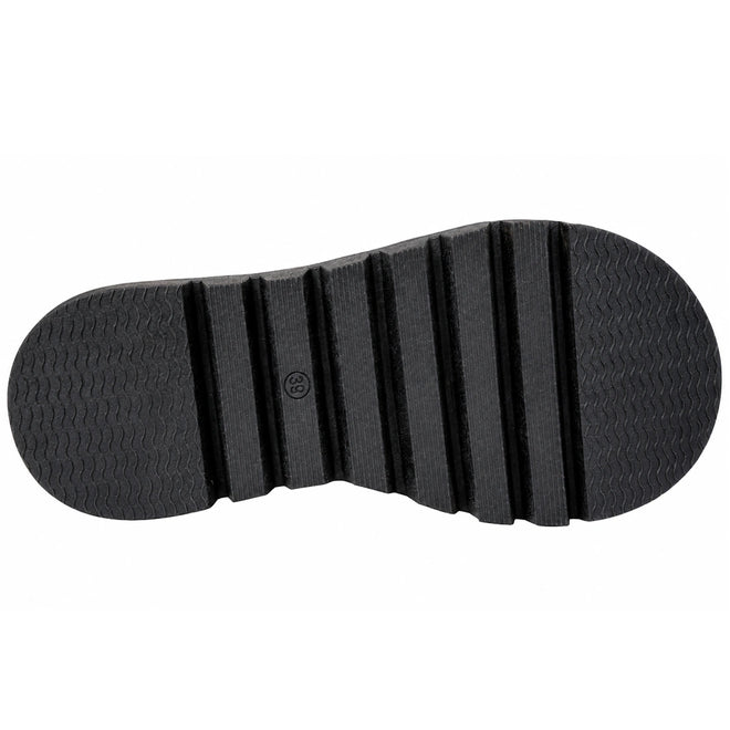 The Django & Juliette Shuua Platform Flip Flop Black Tan Zebra features a black sole with five thick striped grooves and a textured edge, shown from the bottom against a white background.