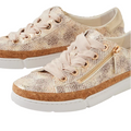 Step out in style with the Django & Juliette Torayne Womens Ombre Beige Sneakers. These chic leather sneakers feature a beige snakeskin pattern, wide satin laces, gold eyelets, gold side zippers, cork trim around the sole, and white rubber outsoles. Blending casual elegance with unique textures, they’re designed to make a statement with every step.