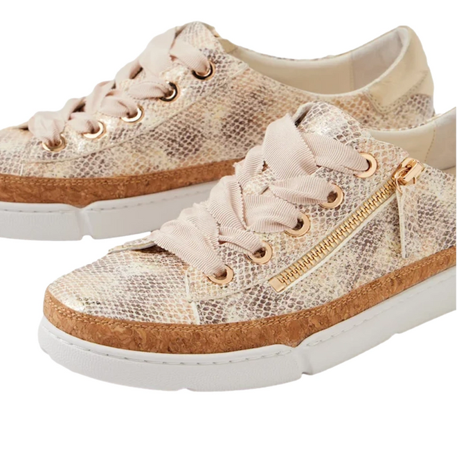 Step out in style with the Django & Juliette Torayne Womens Ombre Beige Sneakers. These chic leather sneakers feature a beige snakeskin pattern, wide satin laces, gold eyelets, gold side zippers, cork trim around the sole, and white rubber outsoles. Blending casual elegance with unique textures, they’re designed to make a statement with every step.