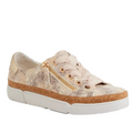 The Django & Juliette Torayne Womens Ombre Beige Sneakers feature beige leather with a faux snakeskin pattern, wide laces, a gold side zipper, cork trim above the white sole, and a low-cut design—perfect casual sneakers for women seeking effortless style.