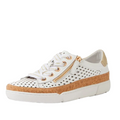 Django & Juliette Torque Womens Cut Out White Pale Gold Multi Brogues feature perforated sides, a gold zipper, tan cork trim, white laces, and a white rubber outsole—shown facing left on a plain white background.