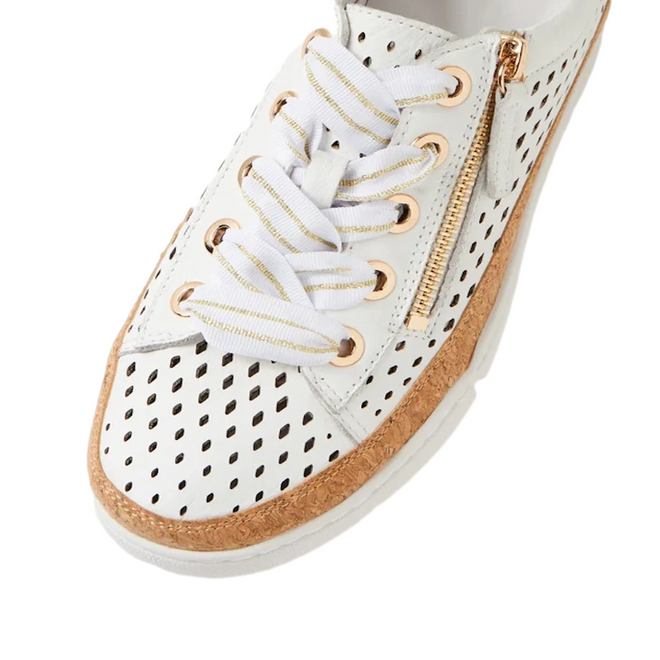 Django & Juliette Torque Womens Cut Out White Pale Gold Multi Brogues feature perforated cut-outs for breathability, gold eyelets, white laces with gold stripes, a side zipper, and tan trim for chic everyday style.