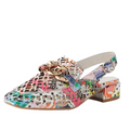 The Django & Juliette Vooper Womens Leather Cut Out Heeled Leather Slingback Collage is a vibrant slingback shoe featuring a multicolored abstract collage pattern, gold chain detail on the upper, perforated leather design, and a small buckle strap at the back—perfectly combining style and comfort.
