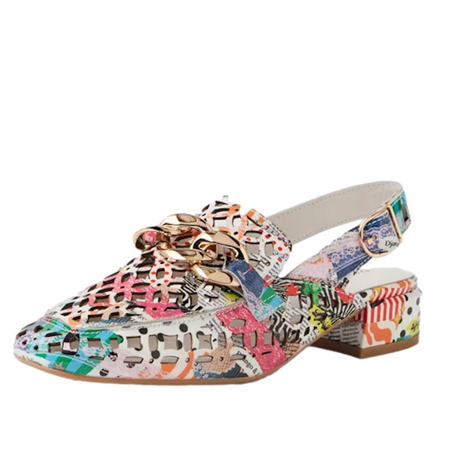The Django & Juliette Vooper Womens Leather Cut Out Heeled Leather Slingback Collage is a vibrant slingback shoe featuring a multicolored abstract collage pattern, gold chain detail on the upper, perforated leather design, and a small buckle strap at the back—perfectly combining style and comfort.