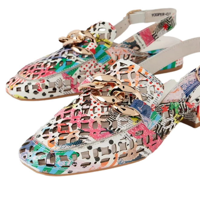 Introducing the Django & Juliette Vooper Women’s Leather Cut Out Heeled Leather Slingback Collage—striking slingbacks crafted in vibrant, patterned leather with a low heel and gold-tone chain detail on the front. These eye-catching heeled shoes feature a collage of geometric and abstract shapes in an array of bright colors.