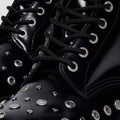 Close-up of Dr Martens 1460 Hardware HDW Buttero Leather Boot Black, featuring shiny black Buttero leather with silver studs, grommets, metal eyelets, and black laces—Goodyear welted for a bold, edgy statement., 49862, 190665797572, 190665797589, 190665797602, 49866, 49867, 49868, 49869