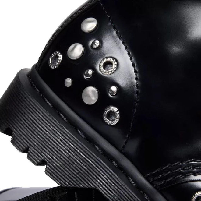 Close-up of the Dr Martens 1460 Hardware HDW Buttero Leather Boot in black, featuring round metallic studs, eyelets at the heel, a textured rubber sole, shiny Buttero leather, and sturdy Goodyear welted construction., 49862, 190665797572, 190665797589, 190665797602, 49866, 49867, 49868, 49869