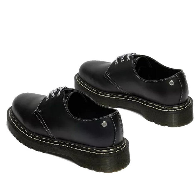 The Dr Martens 1461 Bex WDS White Stitching Black Sendal Oxford Shoe features thick, ridged platform soles and white stitching, shown here in black Sendal leather against a white background., 50357, 190665781496, 190665781502, 190665781526, 50362