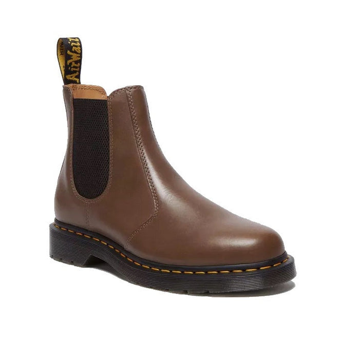 Image of right foot, side on of Dr Martens - 2976 YS Chelsea Boot Yellow Stitching Dark Khaki Legacy Brown-Foot Forward Shoes