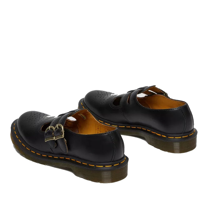 The Dr Martens 8065 2 Strap Mary Jane Shoe Black Smooth features smooth black leather, double buckle straps, perforated toe detailing, signature yellow stitching, and a thick, ridged outsole., 883985051768, 883985051775, 883985051782, 883985051799, 883985051805, 883985051812