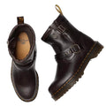 A pair of Dr Martens Anistone Harness Bex Crazy Dark Brown Horse Biker Boots with buckles and a rugged sole, shown from side and top views on a white background., 49399, 190665745689, 190665745696, 190665745719, 49407, 49409, 49411, 49412