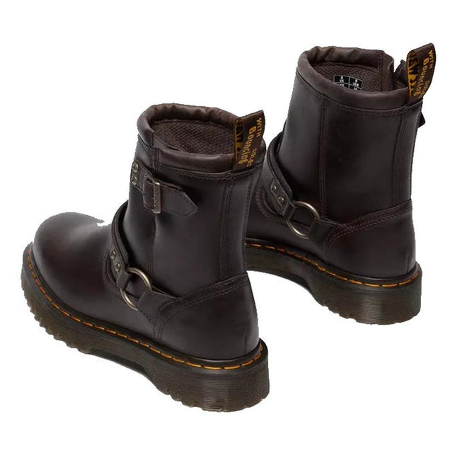 Dr Martens Anistone Harness Bex Crazy Dark Brown Horse Biker Boots feature buckles, signature yellow stitching on the sole, and branded pull tabs, displayed on a white background., 49399, 190665745689, 190665745696, 190665745719, 49407, 49409, 49411, 49412