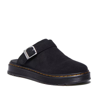 The Dr Martens Brookline Suede Mule Clog Sandal in black features a suede upper, silver buckle strap, and thick ridged sole with yellow stitching—perfect lightweight summer shoes for easy style.