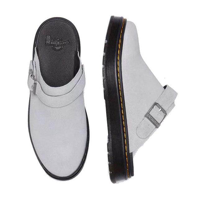 Left foot top down view and ight foot side view shoing yellow stitching and mist grey upper and black sole. Showing strap over the top of the foot that can be moved to behind the heel.,
190665706260,
190665706277,,
190665706291,,
190665706307,,